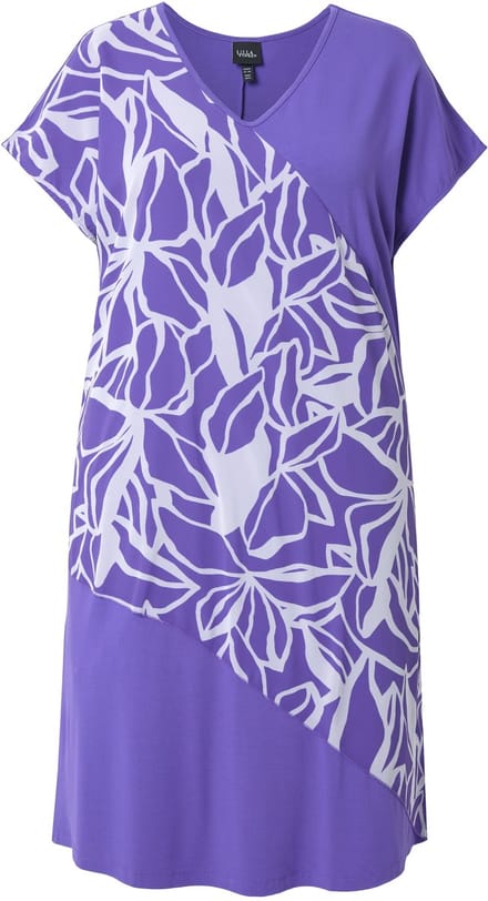 Ulla Popken - Dames - Jersey jurk chiffon overgooier V-hals korte mouwen - Purper - Maat 62+