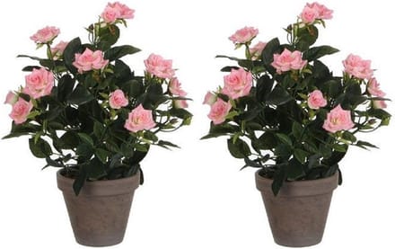 Mica Decorations Kunstplant - 2x - rozen - roze - in grijze pot - 33cm - kunst roos