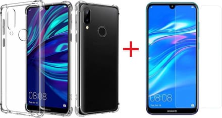 Hoesje Geschikt voor Huawei Y7 (2019) Transparant Anti Shock Back hoesje + Screenprotector glas