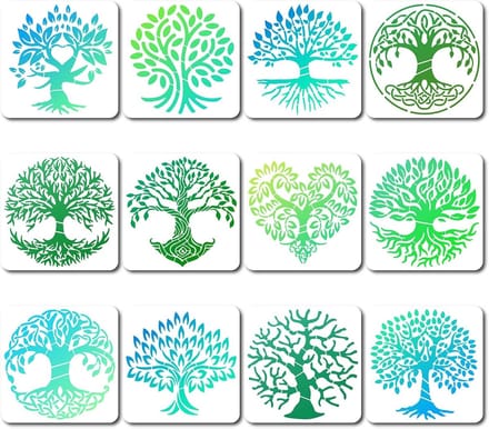 Set van 12 Levensboom Stencils voor Schilderen op Hout, Canvas en Muren