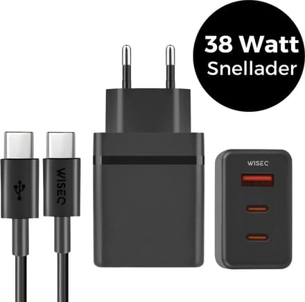 38W Snellader met USB C naar USB C Kabel 1M – Universele Adapter – 2x USB C + USB A Poort – Fast Charger – USB C Oplader - WiseQ