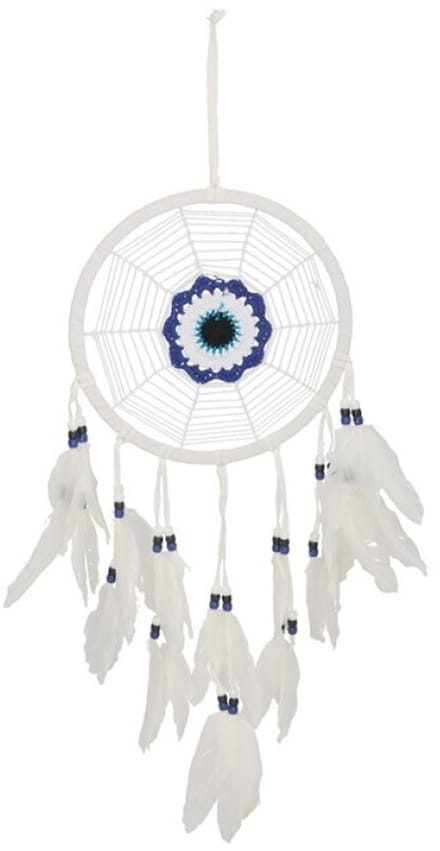 Gerimport Dromenvanger/dreamcatcher - mobiel - wit - veertjes/kraaltjes - 22 cm