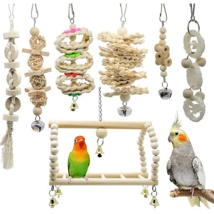 Papegaaivogelspeelgoedset Schommelkooiaccessoires Houten kleur 7-delige set Vogelspeelgoed Interactief beige