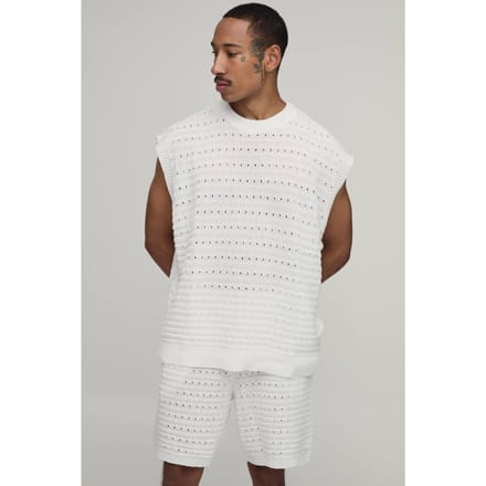 Oversized Open Steek Katoenmix Gebreide Tanktop En Short Set | Ecru | Size Medium