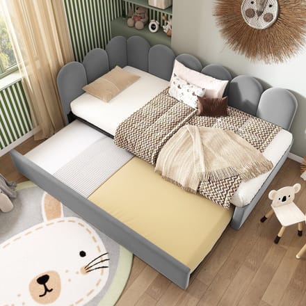 Polsterbed - 90x200 - Daybed Met Uittrekbed 90x190 - Kinderbed Met Lattenbodem - Fluweel - Grijs