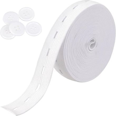 Elastische naaitape met knoopsgaten - 8,4 cm breed - 5 witte knopen - Doe-het-zelf knutselbenodigdheden