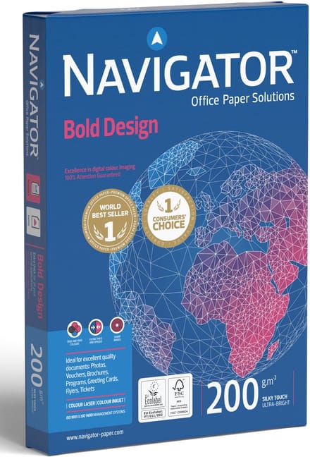 Kopieerpapier navigator bold design a4 200gr wit, 150 vel per pak, 7 pakken in 1 doos.