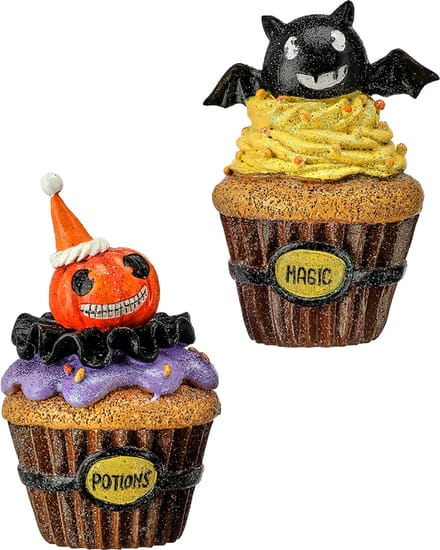 Viv! Christmas Halloween Decoratie Beeld - Vleermuis en Pompoen Cupcake - set van 2 - 13-14 cm