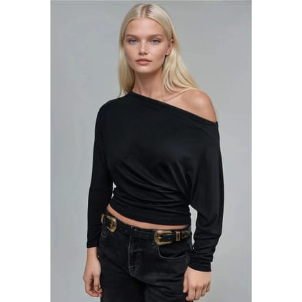 Asymmetrische Kraag Lange Mouw Elastische Gebreide T-Shirt