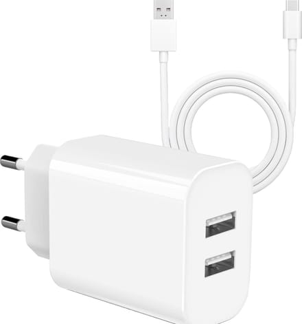 USB Stekker met USB naar USB C Kabel - 2 Meter - 2 Poorten - 12W