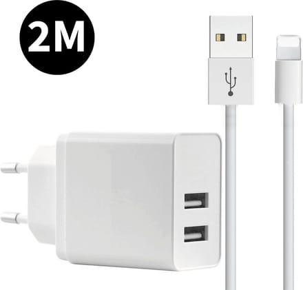USB Lader met Oplaadkabel 2 Meter - Geschikt voor iPhone X en ouder - 2 Poorten - USB A - 12 Watt