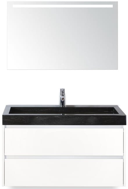 Dante Badmeubelset 100 cm - Wit Hoogglans - Wastafel Hardsteen Wit Lucca met Sence Spiegel