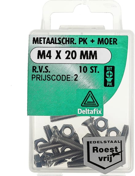 Deltafix. Bouten met moeren. Metaal schroef. Platkop. MOER M4 x 20 MM . R.V.S. 10 ST.