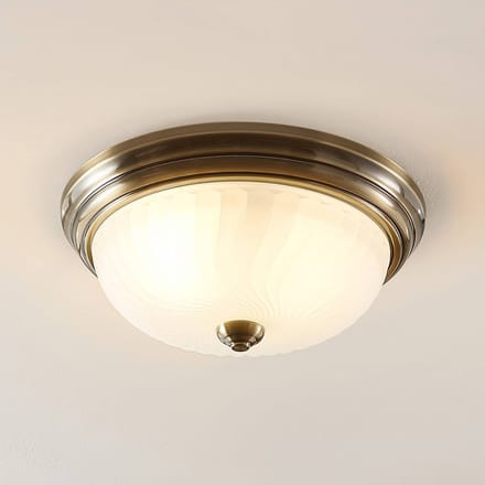 Lindby - plafondlamp - 2lichts - Ijzer, glas - H: 12.2 cm - E27 - antiek messing, opaal wit