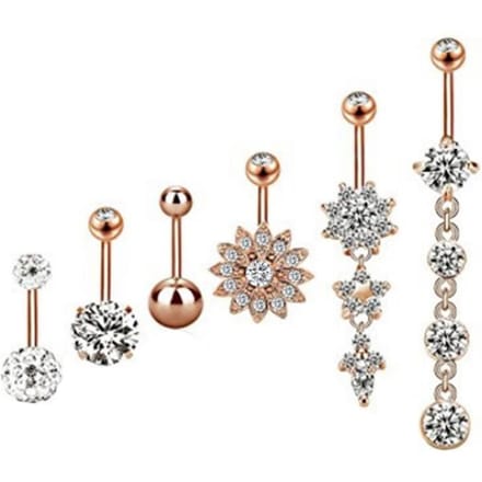 6 Stuks Roestvrij Staal Strass Buikring Navelpiercing Lichaamspiercing (Gewoon Roségoud) white