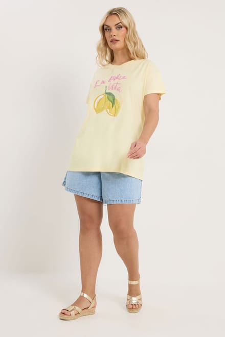 Yours Geel Tshirt Met Kralen En Citroenprint Size 42