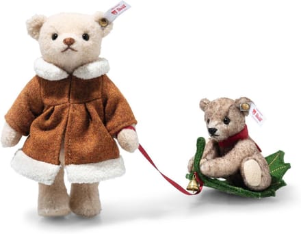 Steiff Mama Teddybeer met kind op hulst slee 23 cm. EAN 005862