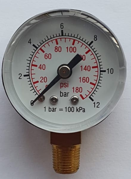 K&W Manometer 50 mm diameter 0-12 bar met 1/4" onder aansluiting geschikt voor luchtdruk