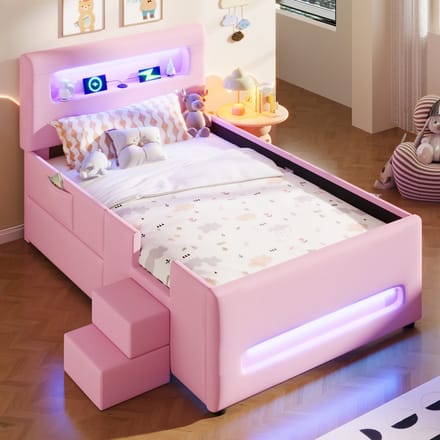 Wishdor Gestoffeerd Platformbed 90x200 cm – Met Trap en Lade – LED via App – PU en MDF – Roze