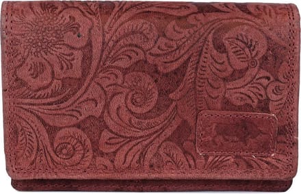 Rode RFID Dames Portemonnee Leer Met Bloemenprint - Kleine Lederen Portemonnee