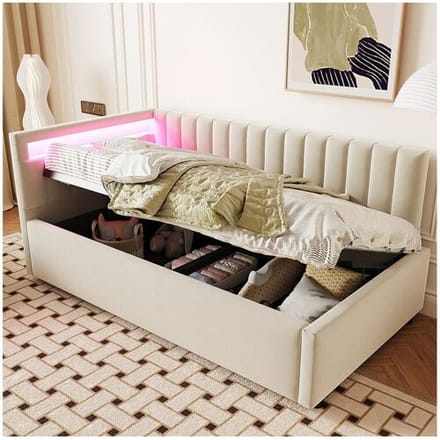Merax Bed met opbergruimte 90 x 200 cm met verwisselbaar hoofdeinde - LED's - Fluweel - Beige