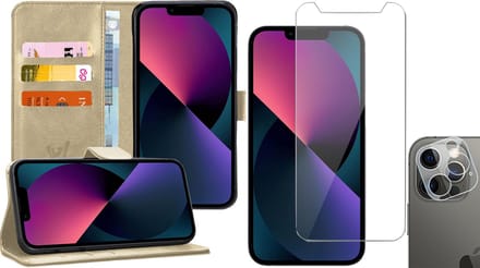 Hoesje geschikt voor iPhone 13 Pro Max - Book Case Kunstleer Wallet - Goud - Met Screenprotector en Camera Screen Protector