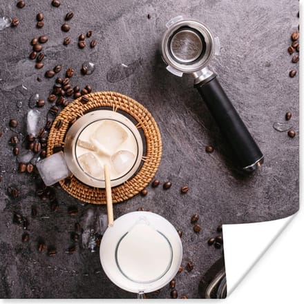 Poster Melk - Koffiebonen - Keuken - Koffiefilter - 75x75 cm