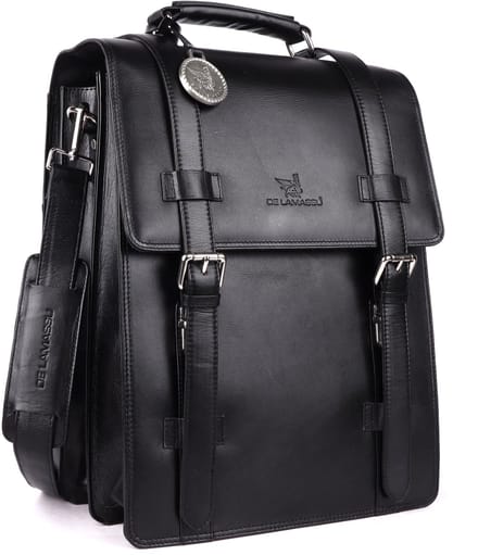 DE LAMASSU® (Adrian) leren laptoptas – 2-in-1 rugzak & schoudertas Zwart.