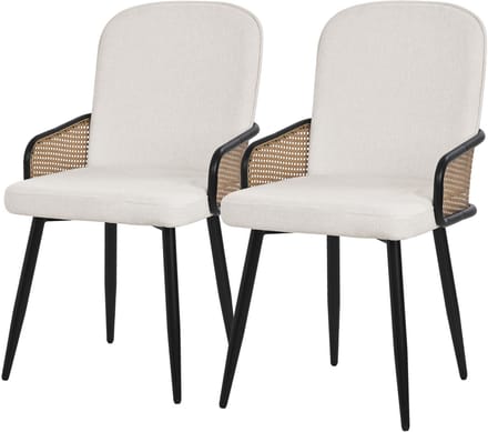 ML-Design eetkamerstoelen set van 2 beige gestoffeerde keukenstoelen met armleuningen en rugleuning rotanlook comfortabele ergonomische stoffen eetkamer fauteuils met metalen poten luxe lounge accentstoelen voor eettafel en woonkamer