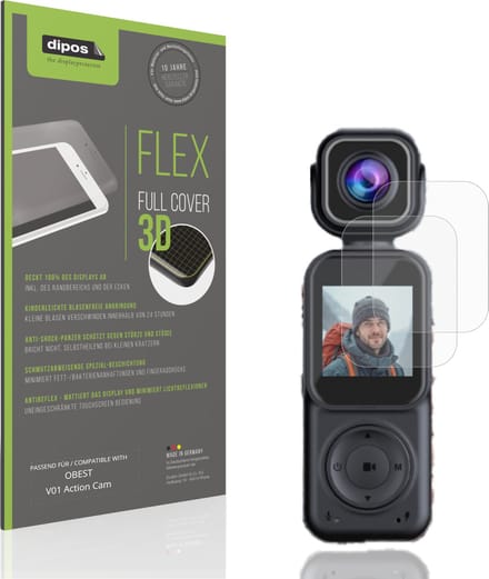 dipos FLEX – 2x Matte Screenprotector geschikt voor OBEST V01 Action Cam | Volledige Schermbescherming | Case-Friendly