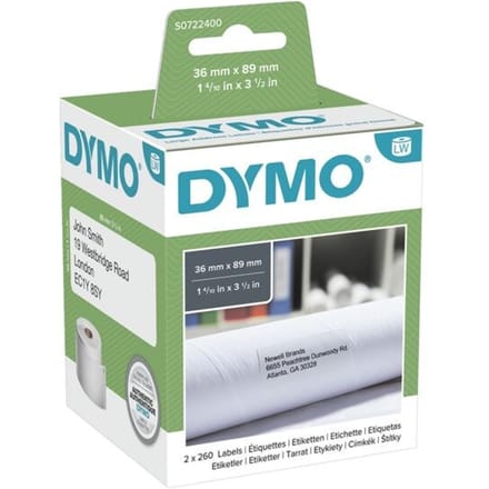 DYMO originele grote LabelWriter adreslabels | 36 mm x 89 mm | 2 rollen met elk 260 labels (520 zelfklevende etiketten) | Geschikt voor de LabelWriter labelprinters | Gemaakt in Europa