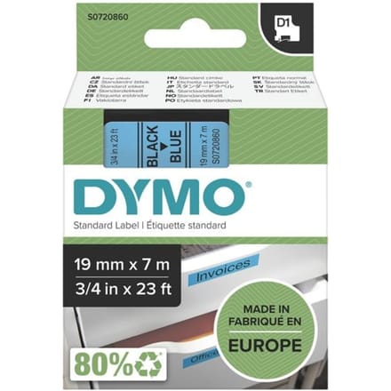 DYMO Authentic D1 Labels 19mm x 7m Roll Zwart Print on Blauw Self-Adhesive Labels for LabelManager Label Printers
