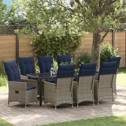 vidaXL - Tafel - en - stoelen - set - 9 - st - Grijs - PE - Riet