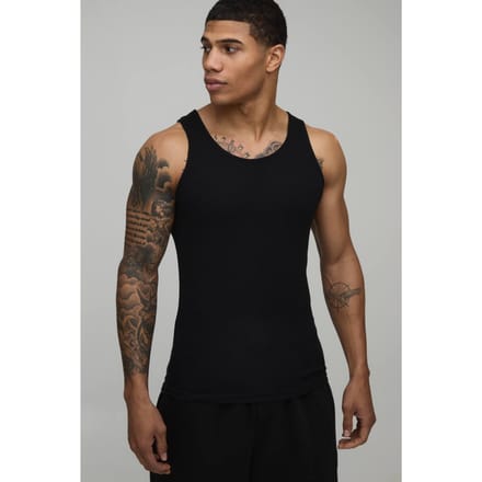Essential Muscle Fit Ribbed Vest | Black | Size Small