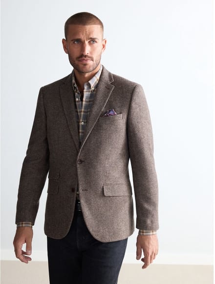 Next - Heren - Normale Pasvorm - Signature Nova Fides Blazer van wolblend met visgraatmotief - Bruin