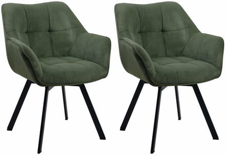 CLP Jordi Set van 2 eetkamerstoelen - Met armleuning - Metaal frame - Ribstof/groen