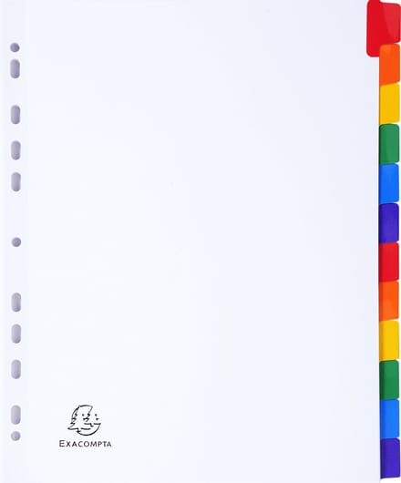 Exacompta 20x Tabbladen karton 160g - geplastificeerde gekleurde tabs + index - 12 tabs - A4 maxi - Wit - 4312E