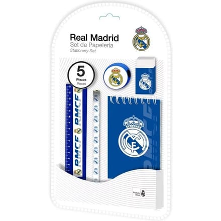 Real Madrid Schrijfwaren Set – Potlood, Notitieblok, Liniaal, Gum & Puntenslijper | Schoolspullen | Schoolset