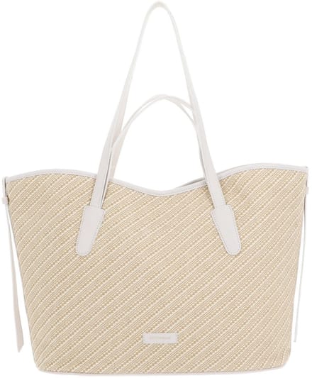 COCCINELLE Leren Shopper Handtas New Never Without Bag Bicolor Straw Handbag Mul. Blanco / Blan Beige