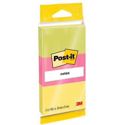 Post-it Notes, ft 38 x 51 mm, 100 vel, blister van 3 blokken in neon geel, roze en groen - Post-it Sticky Notes