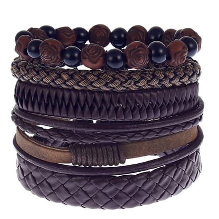 Fako Bijoux® - Leren Armband - Leder - Set Vintage Kralen - Rose - Bruin