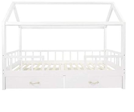 Huisbed 200 x 90 cm - Wit Kinderbed met Dak, Afneembare Valbeveiliging en Laden