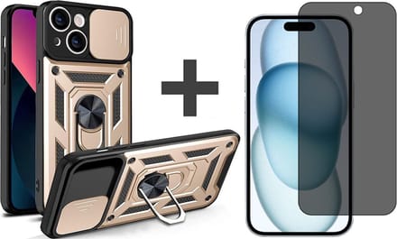 Hoesje met Privacy screenprotector Geschikt voor iPhone 15 Plus met Ringhouder en Camera schuifje - Arara backcover - Goud