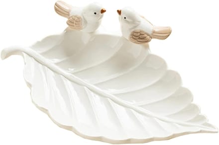 Sieradendoosje Keramiek - Ringhouder Dienblad - Sieraden Opbergen - Bladvorm Design - 20 cm Lengte - Wit