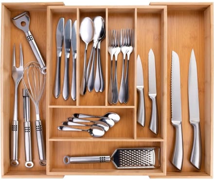 Famanu – Uitschuifbare bamboe bestekbak – 6 tot 8 vakken – past 34–56,5 cm ladebreedte