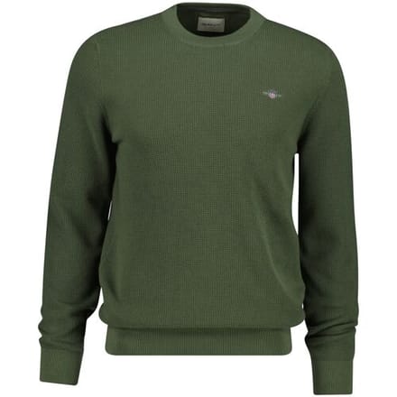 Gant Trui Solid Color Micro Textured Cotton Crew Neck Dry Herb Green / male