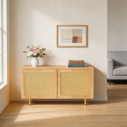 KOMHTOM - Dressoir van riet met dubbele deuren - rustiek dressoir voor de eetkamer - natuurlijke houtlook - H63/B120/D40 cm