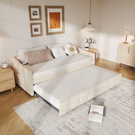 Uitschuifbare Sofa Bed 90x200cm – Crèmekleur Fluweel, Comfortabele Slaapbank, Van Sofa naar Bed, Ruimtebesparend Ontwerp