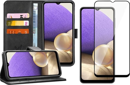Hoesje geschikt voor Samsung A32 en Screenprotector Book Case Kunstleer Wallet Zwart + Screen Protector Glas Full