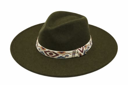 Emilie collection - hoed - groen - fedora - Vilten hoed met brede rand en boho band - olijfgroen